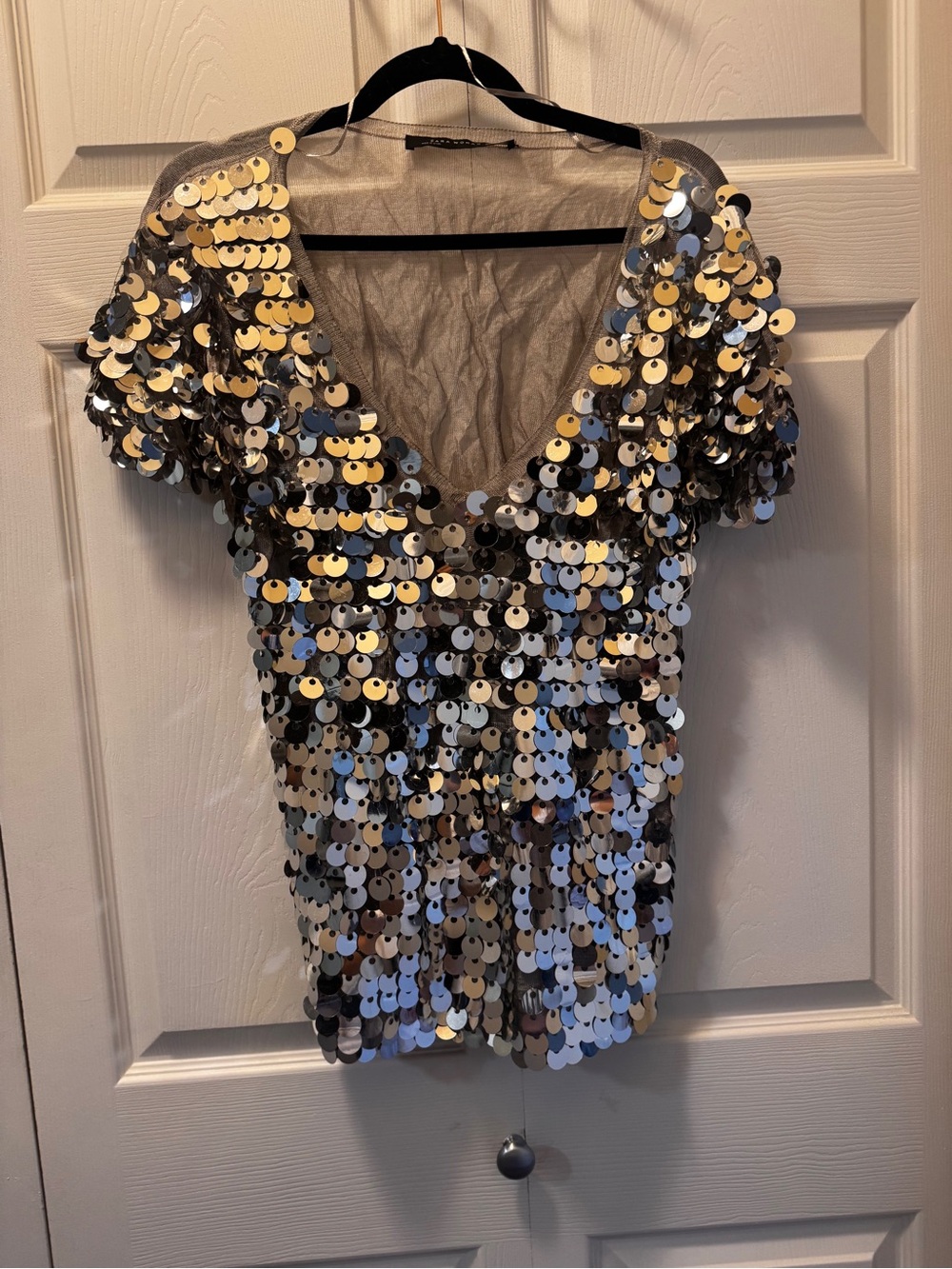 Zara Short Sleeve V-Neck Sequin Top in Silver and Gold